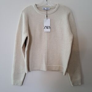 Zara Women's Soft Beige Crew Neck Sweater